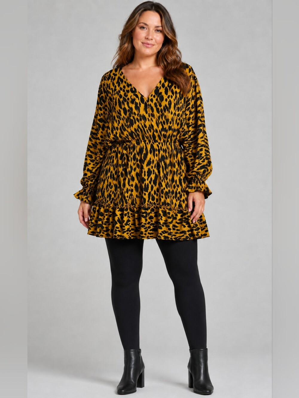 GiGiO USA Large Mustard Leopard Print Ruffle Mini Dress - Picture 7 of 7